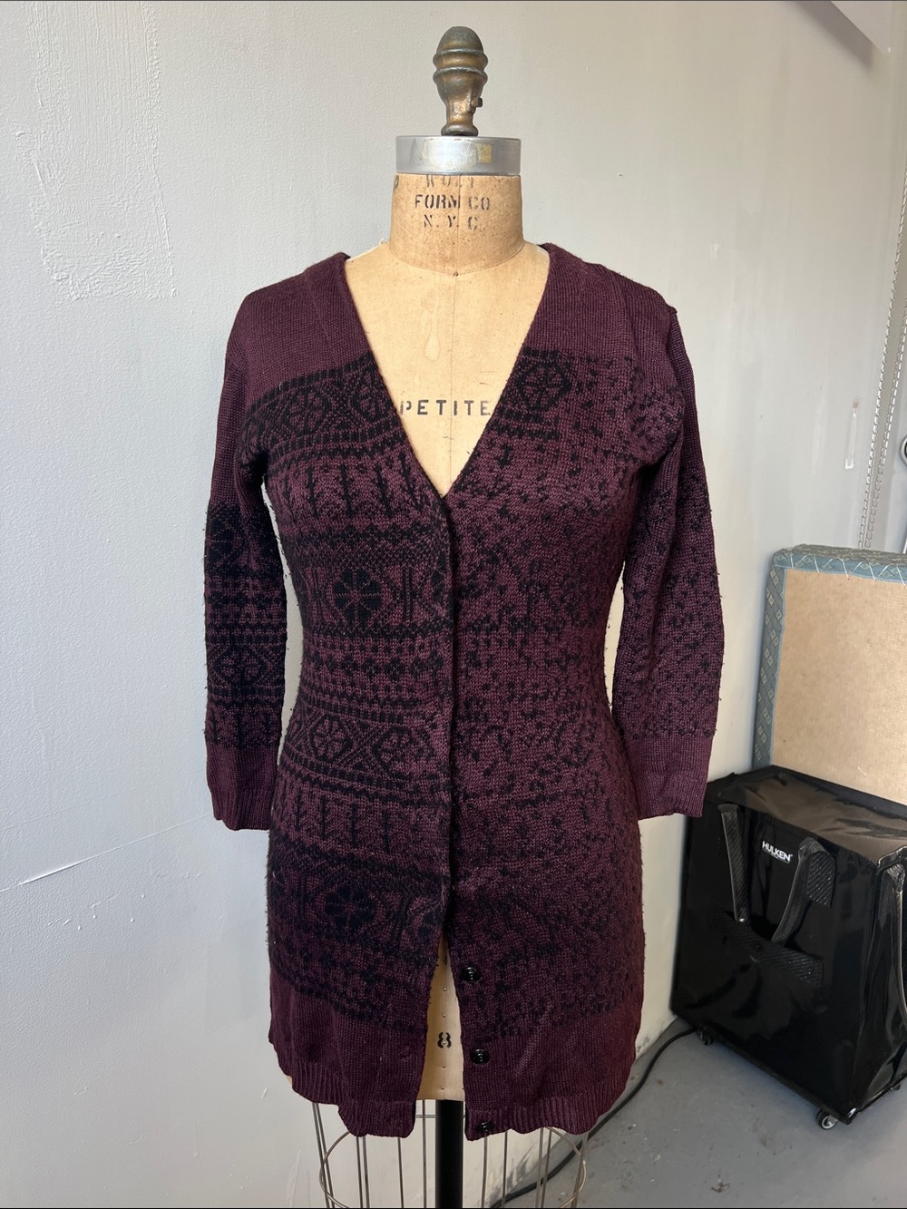 Plum Purple and Black Geometric Knit Longline Button Front Cardigan Sweater